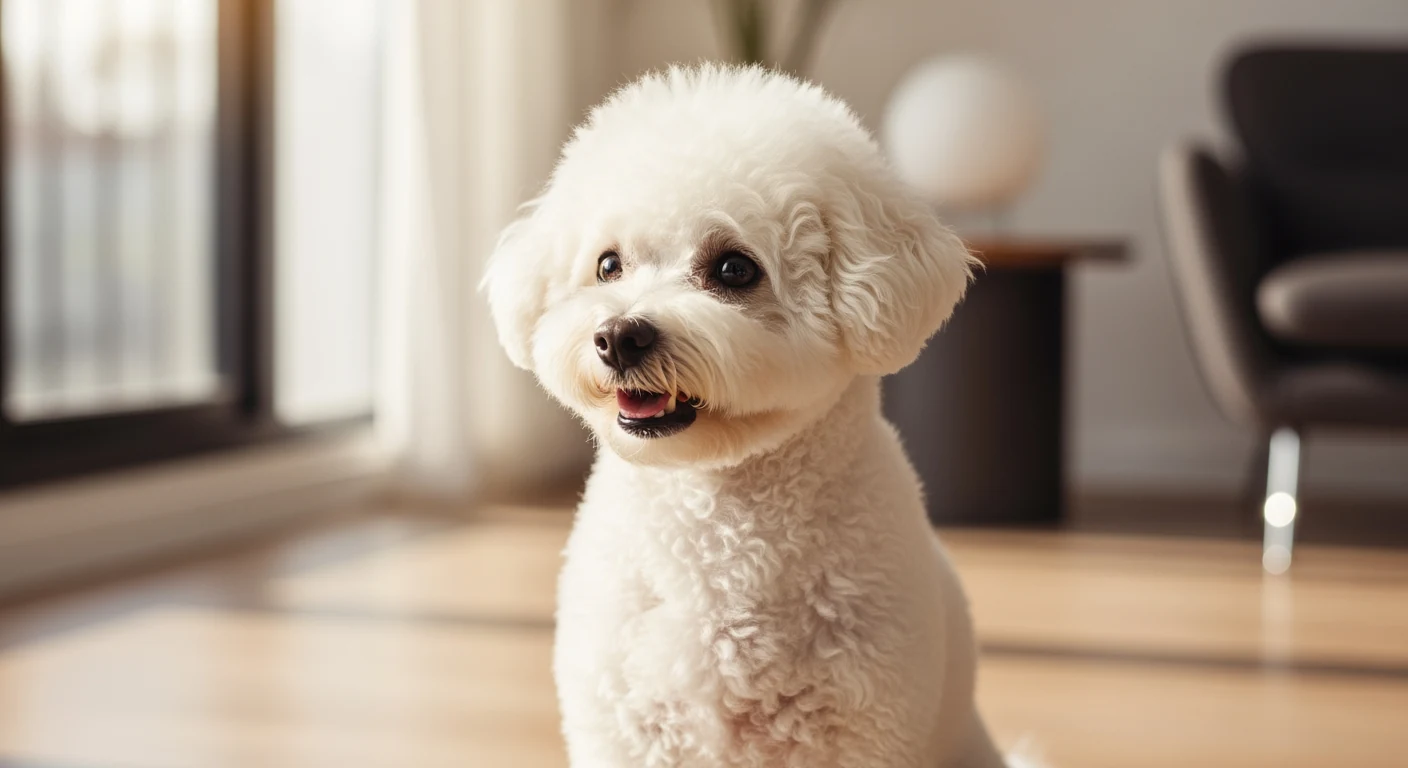 Bichon Frise blanc au pelage boucle dans un salon lumineux